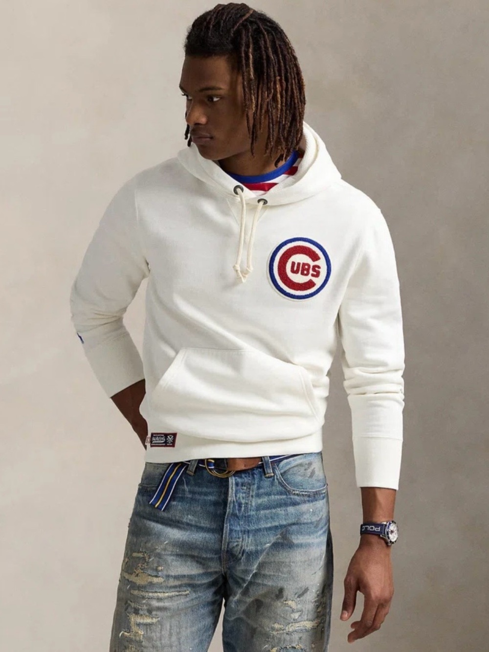 Ralph Lauren White Cubs Pullover Hoodie with Red & Blue Logo